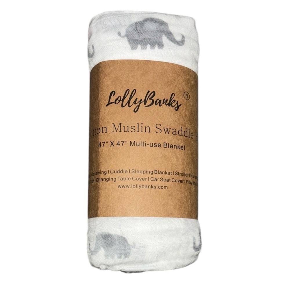 LOLLY BANKS Elephant Print Cotton Muslin 47” x 47” Swaddle blanket unisex